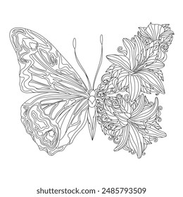 Black and White Illustration Of a Butterfly With Intricate Patterns On Its Left Wing and Floral Designs Integrated Into Its Right Wing. Complex Butterfly Outline Vector Illustration.