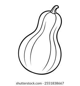 Ilustración en blanco y negro de una calabaza butternut con un diseño simple y delineado