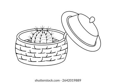 Black and white illustration of a cactus inside a woven basket with a lid.