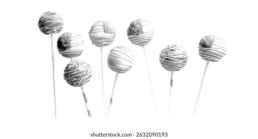 Black and white illustration of cake pops on sticks, sketch-style, halftone textured shading, isolated on white background, minimalist dessert art, vintage engraving look, symmetrical candy arrangemen