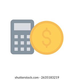 A black and white illustration of a calculator next to a coin with a dollar symbol. This image represents financial calculations, money, and economics