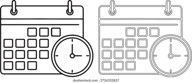 Uma ilustração em preto e branco de ícones de calendário e relógio, um preto sólido e um pontilhado, sobre um fundo branco puro.