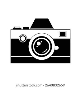 Black and white illustration of a camera. The camera is facing forward and has a large lens.