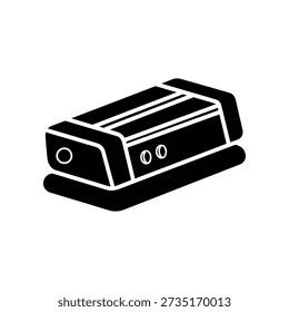 Black and white illustration of a camera flash unit with a simple design