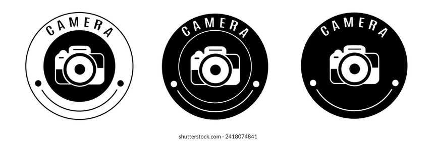 Black and white illustration of camera sign icon in flat. Stock vector.