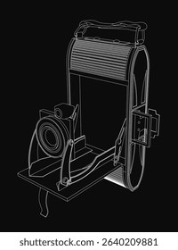A black and white illustration of a camera with a strap. The camera is a vintage model and the strap is made of leather. The illustration is in black and white and has a vintage feel to it