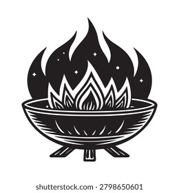 Black and white illustration of a campfire burning in a bowl outdoor fire pit with flames and sparks