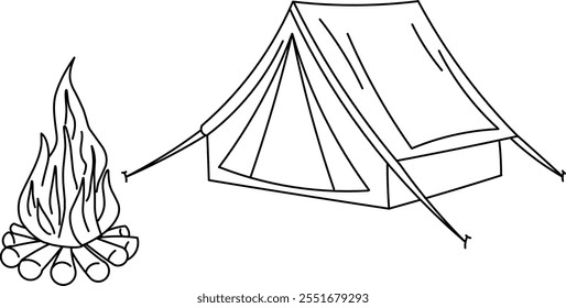 black and white illustration of a camping tent and a campfire, perfect for outdoor adventure, travel themes, or nature-inspired designs