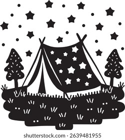 Black and white illustration of a camping tent under a starry night sky with two stylized trees. Simple graphic style with bold outlines.