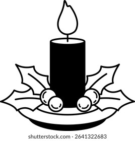 black and white illustration of a candle is lit with holly berries