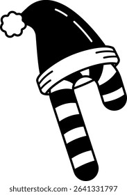 black and white illustration of a candy cane with a santa hat on top
