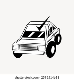 Black and white illustration of a car with a checkmark. Simple car design with bold lines. Car and checkmark in monochrome. Car illustration with checkmark. Vector illustration.