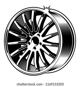 Black and white illustration of car disk, isolated on white background.