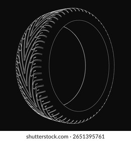 A black and white illustration of a car tire stands out against a dark background. The tire is the central focus, with clean lines and high contrast. The minimalist design emphasizes texture.