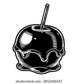 Black and white illustration of a caramel apple with a stick, showcasing a glossy, sweet treat perfect for desserts and confectionery themes.