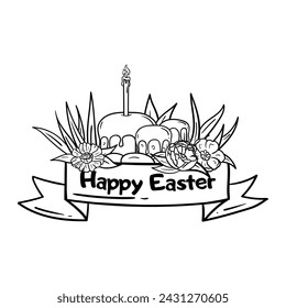 Black and white illustration for a card with Easter cakes, eggs, flowers, ribbon and text Happy Easter. Coloring book