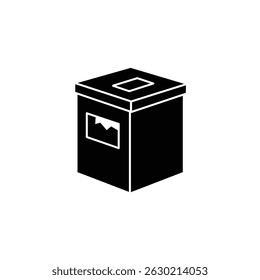 Black and white illustration of a cardboard box with torn and open window on white background