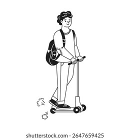 Ilustração em preto e branco de um personagem despreocupado montando uma scooter. A pessoa parece alegre e relaxada. Design simples e minimalista com uma sensação urbana.