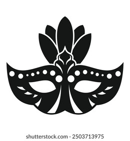 Black and white illustration of a carnival mask with feathers, representing celebration and mystery