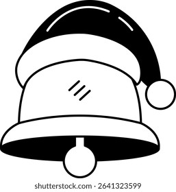 black and white illustration of a cartoon bell with a santa hat on top