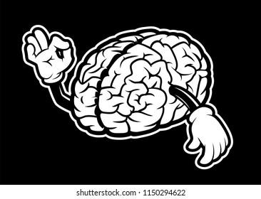 Black and white illustration of cartoon brain with hands on dark background.