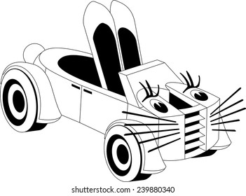 Black and white illustration of a cartoon car