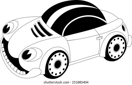 Black and white illustration of a cartoon car
