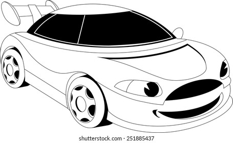 Black and white illustration of a cartoon car