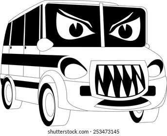 Black and white illustration of a cartoon car