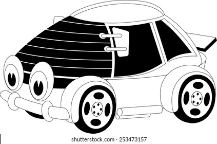 Black and white illustration of a cartoon car