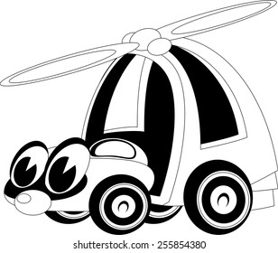Black and white illustration of a cartoon car