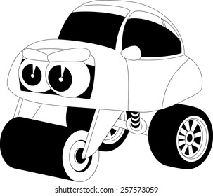 Black and white illustration of a cartoon car