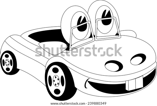Black and white\
illustration of a cartoon\
car
