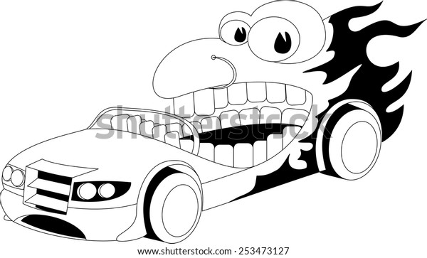 Black and white\
illustration of a cartoon\
car