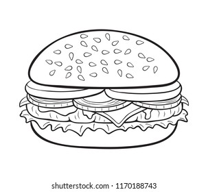 Black and white illustration of cartoon cheeseburger. With tomatoes, onion,  ketchup and salad