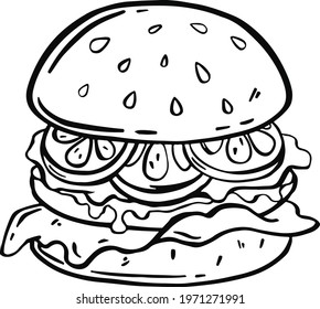 Black and white illustration of cartoon cheeseburger. With tomatoes, onion, ketchup and salad. Vector illustration