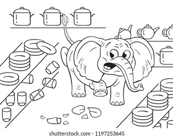 Black And White Illustration Of A Cartoon Clumsy Elephant In A China Shop