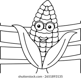 A black and white illustration of a cartoon corn cob character with a smiling face and glasses, peeking out from behind two large leaves, with a simple fence structure behind it.