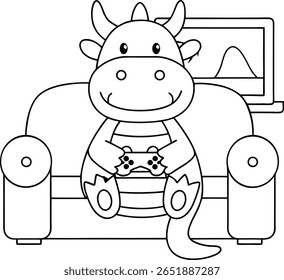 Uma ilustração em preto e branco de um dragão de desenho animado sentado em um sofá e segurando um controlador de videogame. Um laptop com um gráfico na tela é visível atrás do dragão.