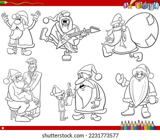 Black and white illustration of cartoon illustration of funny Santa Claus characters set on Christmas time coloring page