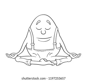 Black and white illustration of a cartoon Humpty Dumpty egg sitting with closed eyes  in deep meditation state
