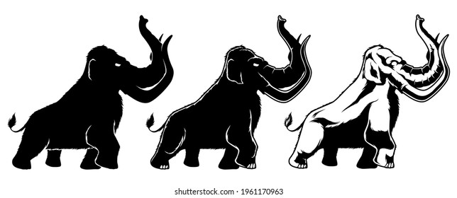 Black and white illustration of cartoon mammoth in 3 different versions.