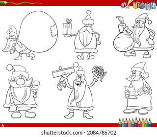 Schwarz-Weiß-Illustration von Cartoon Weihnachtsfiguren setzen Farbbuchseite