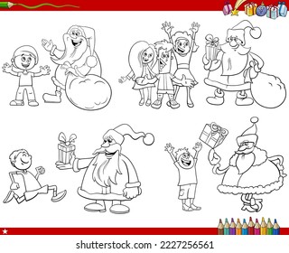 Black and white illustration of cartoon illustration of Santa Clauses characters giving Christmas presents to children coloring page