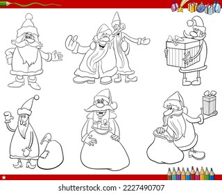 Black and white illustration of cartoon Santa Clauses Christmas characters set coloring page