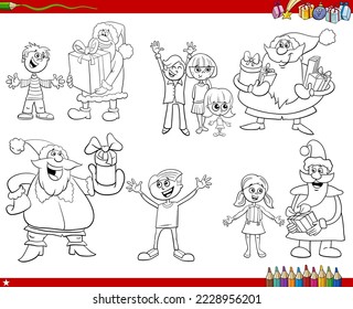 Black and white illustration of cartoon illustration of Santa Clauses characters giving Christmas gifts to children coloring page