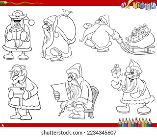 Black and white illustration of cartoon illustration of Santa Clauses characters giving Christmas gifts to children coloring page