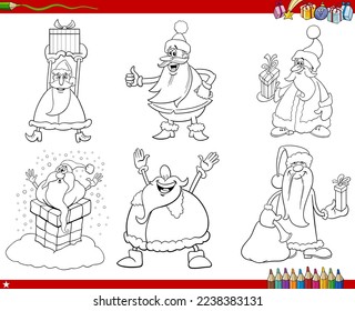 Black and white illustration of cartoon illustration of Santa Clauses characters with Christmas gifts coloring page