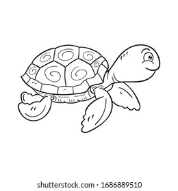 Black and white illustration of cartoon sea turtle. On white background