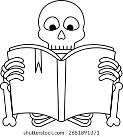A black and white illustration of a cartoon skeleton holding an open book with a bookmark. The skeleton is depicted with its bones clearly outlined, and it appears to be engrossed in reading.
